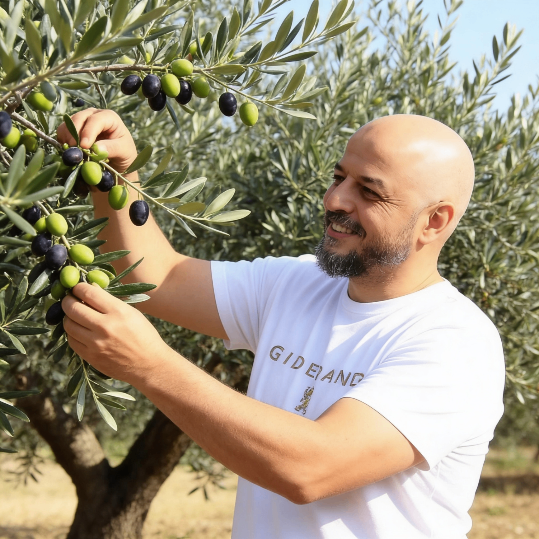 Our founder hand-picking olives in the grove